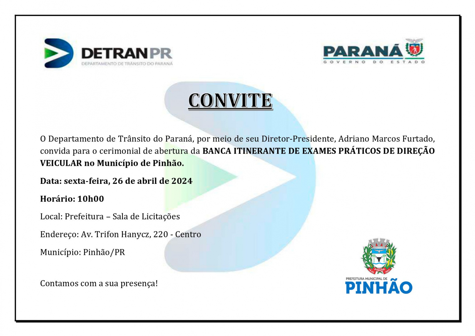 CONVITE ESPECIAL DO DETRAN PR AOS MUNÍCIPES.