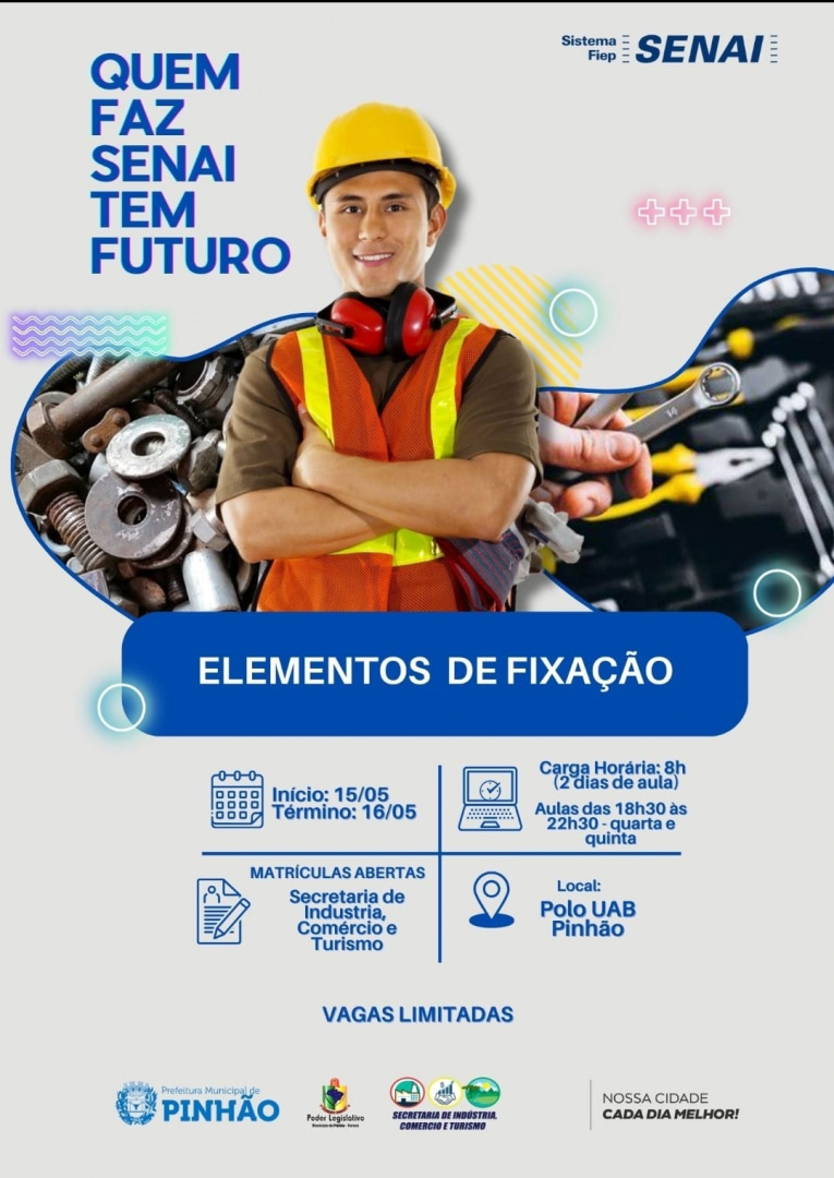 A Prefeitura Municipal, por meio da Secretaria Municipal de Indústria, Comércio e Turismo em parceria com o SENAI, disponibiliza vagas para o curso “ELEMENTOS DE FIXAÇÃO”, matrículas abertas.